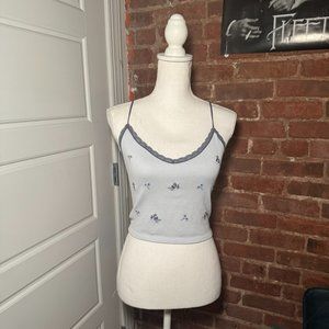 Urban Outfitters Light Blue and Purple Embroidered Floral Cropped Tank Top